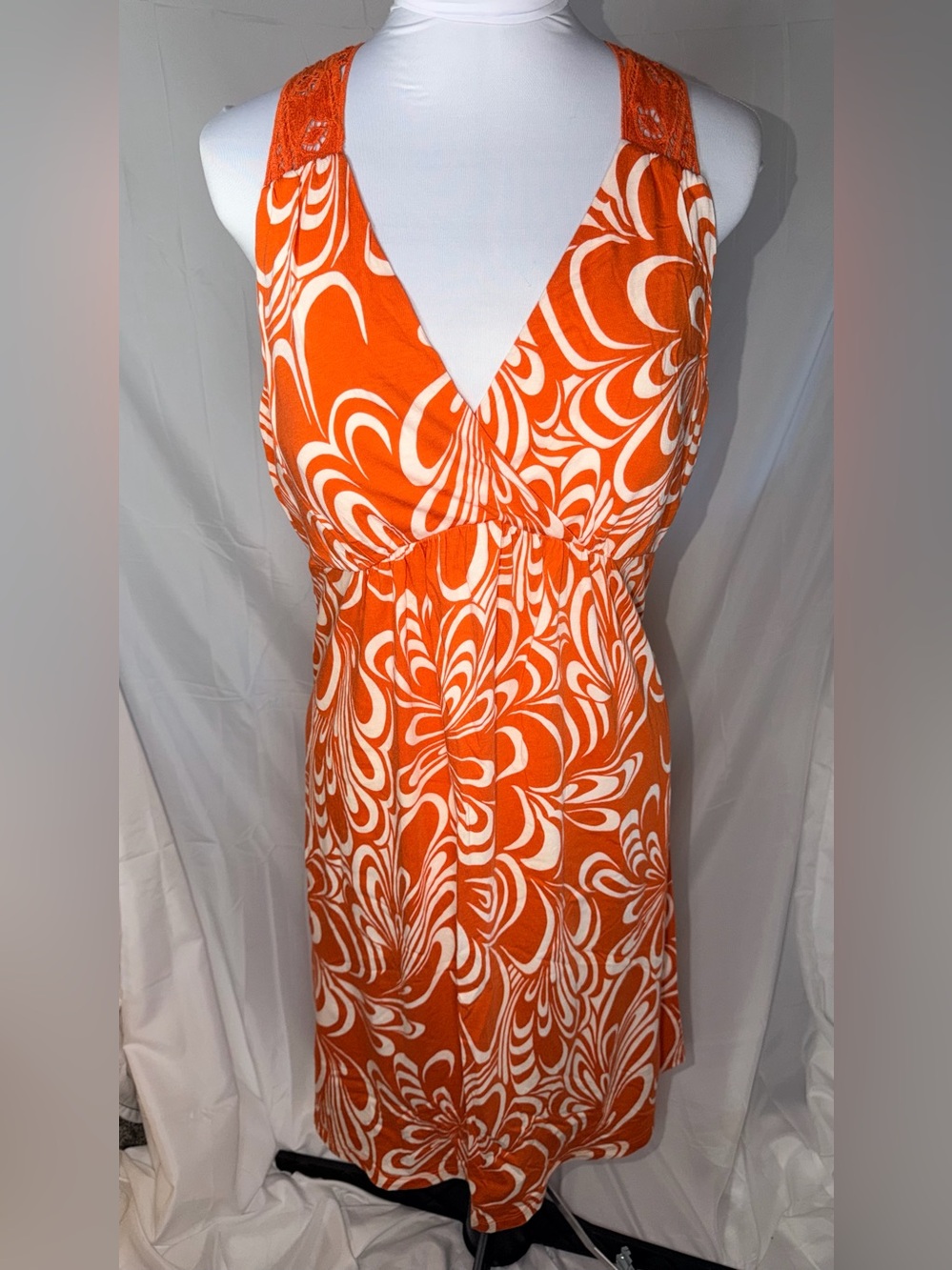 Elle Orange and White Summer Dress with crochet lace back detail